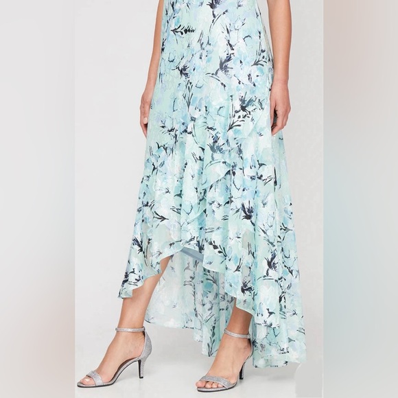 Alex Evenings Floral Jacquard Dress with Flounce Hi-Low Hem V-Neck NWOT - Picture 3 of 6